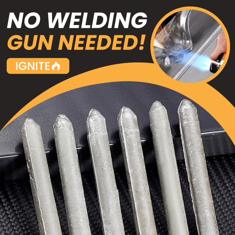 Arenzza low temperature universal welding rod for tools and garden repairs, showing the welding rod and packaging on a workbench.