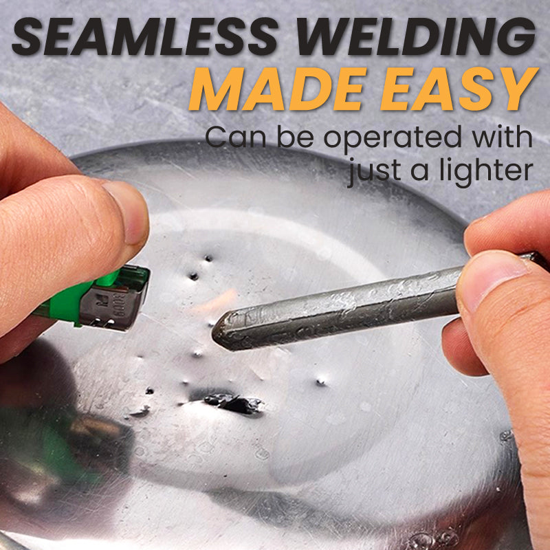 Arenzza low temperature universal welding rod for tools and garden repairs, shown lying on a workbench with a metallic surface.
