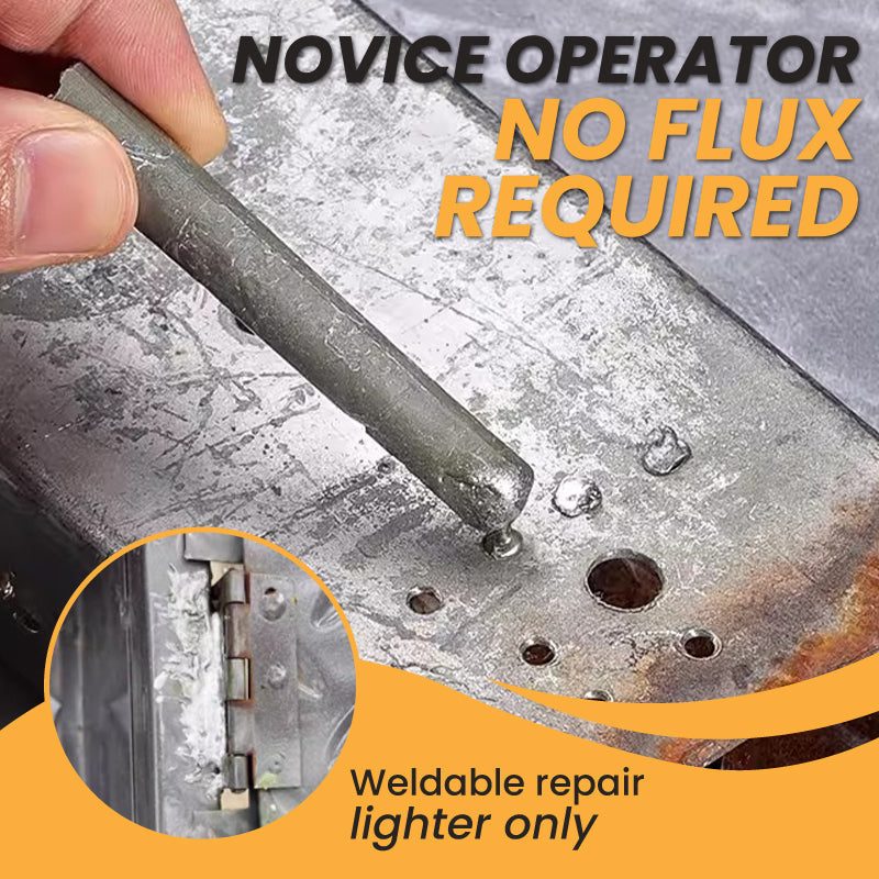 Arenzza low temperature universal welding rod for tools and garden repairs, shown with its packaging and welding tip.