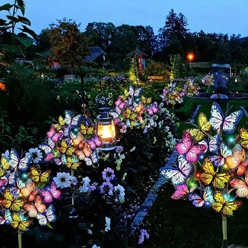 Arenzza solar outdoor butterfly lights in garden, decorative LED lights with butterfly-shaped design for outdoor decoration.
