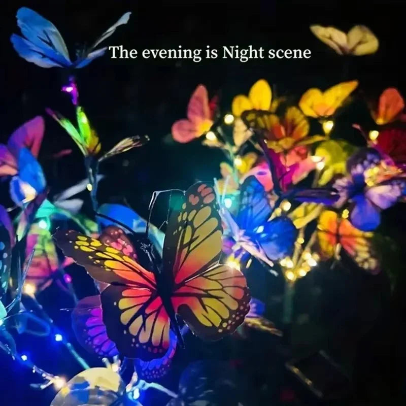 Arenzza solar outdoor butterfly lights in a garden setting, colorful butterfly-shaped solar-powered LED garden decor.