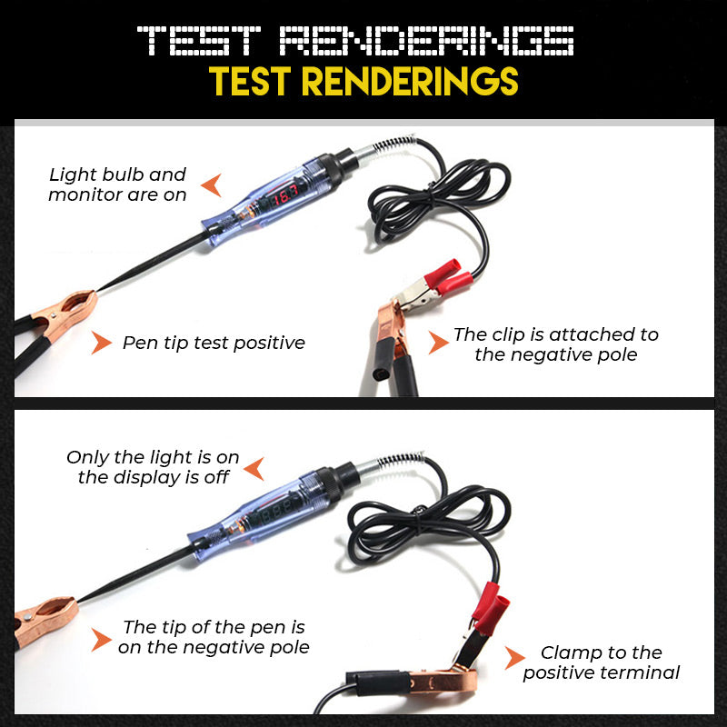 Arenzza car voltage test pen showing a close-up of the orange and black tool used for checking vehicle electrical systems.