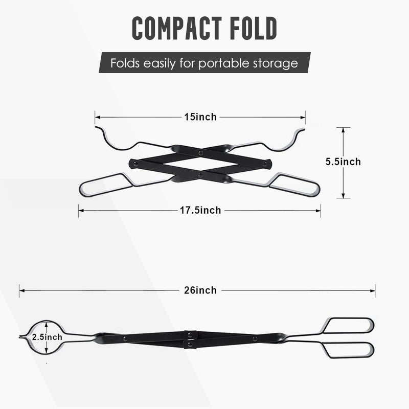 Arenzza durable foldable firewood tongs with metal handles and gripping ends, designed for safely handling firewood in the garden.