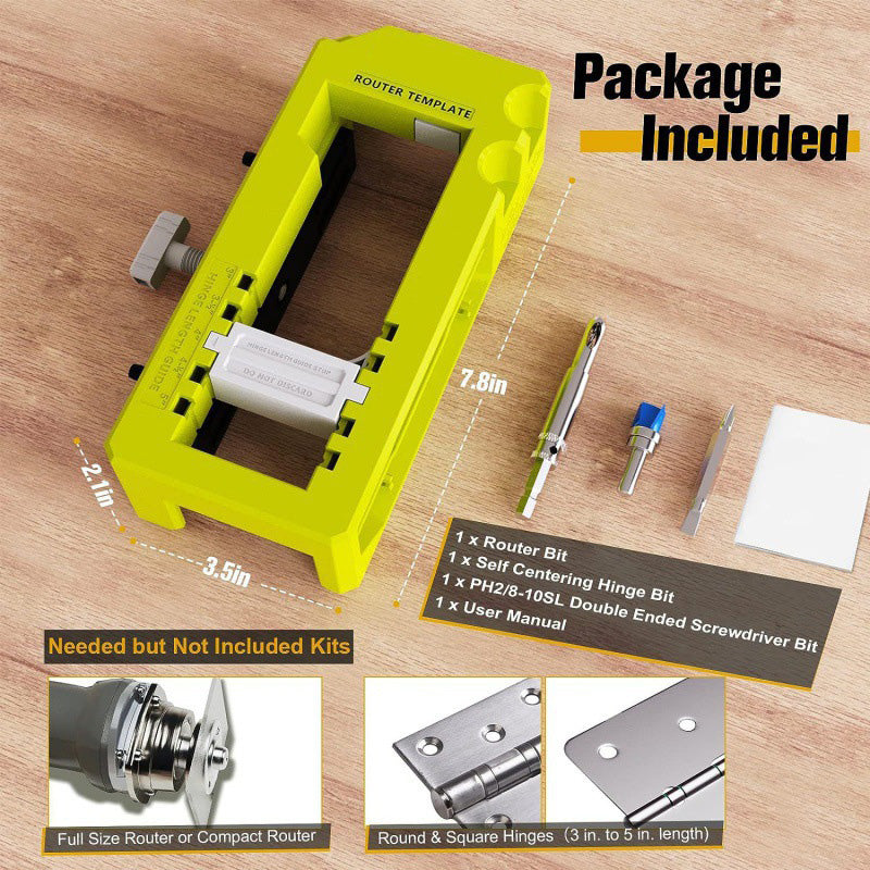 Arenzza Door Hinge Jig Kit for tools and garden projects, showing the adjustable jig and mounting hardware in a toolkit setup.