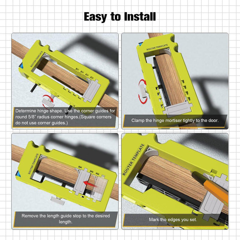 Arenzza Door Hinge Jig Kit for tools and garden projects, showing a precision jig with metal components on a workbench.