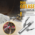 Arenzza high pressure dual handle grease gun coupler attached to a grease gun for tools and garden equipment in use.