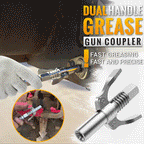 Arenzza high pressure dual handle grease gun coupler attached to a grease gun for tools and garden equipment in use.
