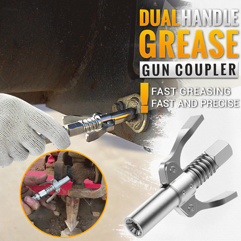 Arenzza high pressure dual handle grease gun coupler attached to a grease gun for tools and garden equipment in use.
