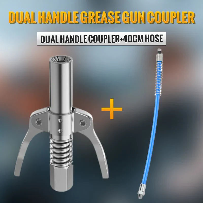 Arenzza high pressure dual handle grease gun coupler attached to a grease gun for tools and garden equipment.