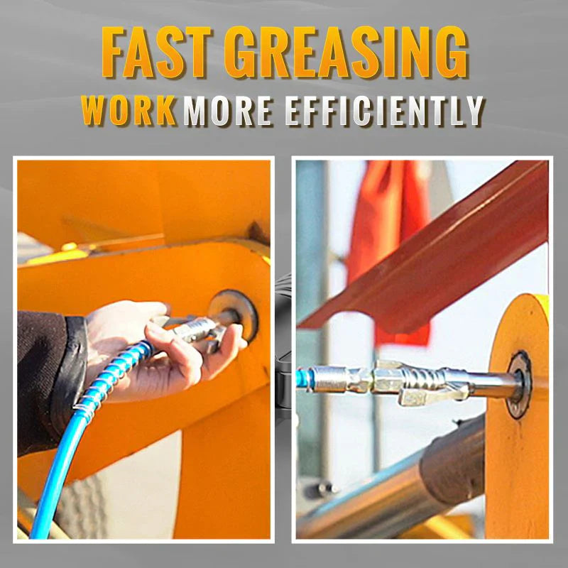 Arenzza high pressure dual handle grease gun coupler for tools and garden equipment, shown attached to a grease gun in a workshop setting.