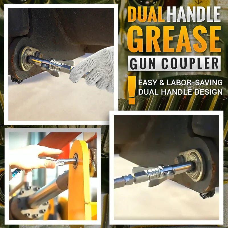 Arenzza high pressure dual handle grease gun coupler for tools and garden equipment, shown in close-up with metal fittings.