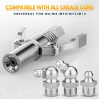 Arenzza high pressure dual handle grease gun coupler attached to a grease gun, used for lubrication in tools and garden equipment.