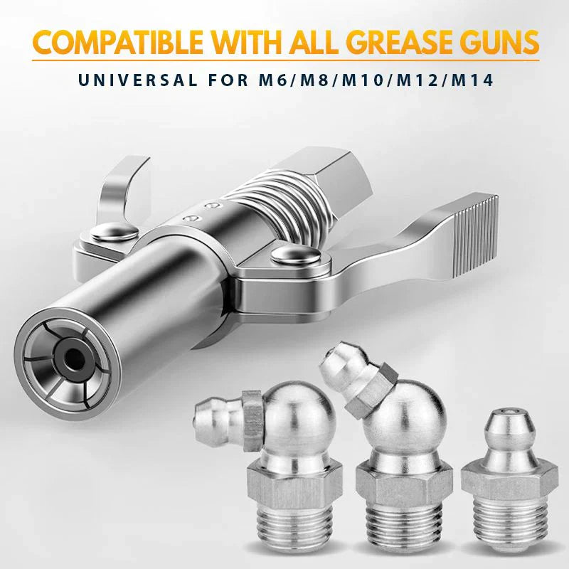 Arenzza high pressure dual handle grease gun coupler attached to a grease gun, used for lubrication in tools and garden equipment.