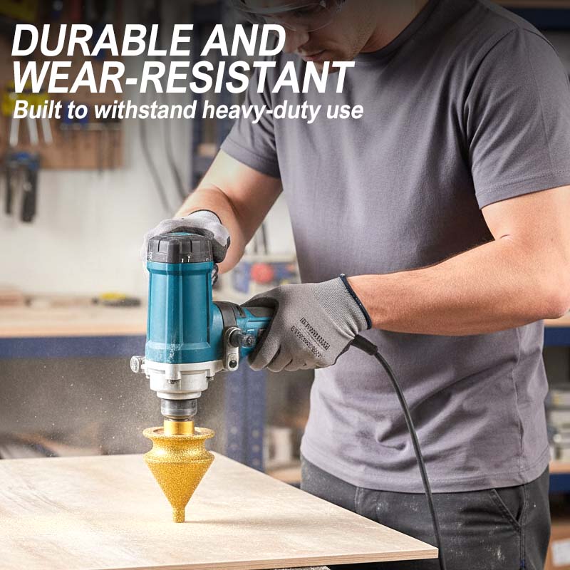 Arenzza diamond chamfering bit for angle grinder, shown mounted on a power tool, ideal for precise edge finishing in tools and garden projects.