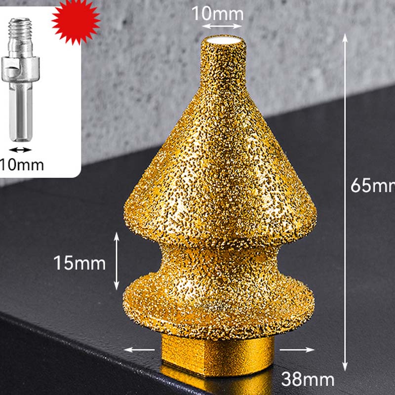 Diamond chamfering bit for angle grinder, Arenzza brand, shown attached to grinder, used for precise edge finishing in tools and garden projects.