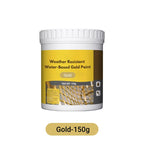 Arenzza weather-resistant water-based gold paint in a container, suitable for tools and garden projects.