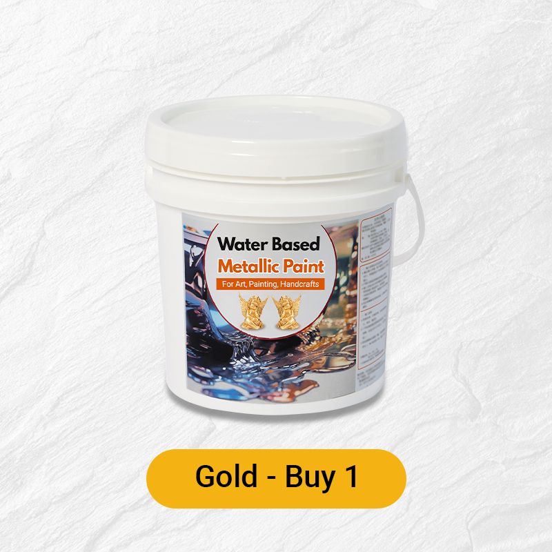 Arenzza water-based gold leaf paint for art and crafts, shown in a container with a shiny gold finish and a brush applicator.