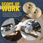Arenzza premium wood carving disc attached to a grinder, showcasing its sharp blades for fast, precise wood cutting in a workshop setting.