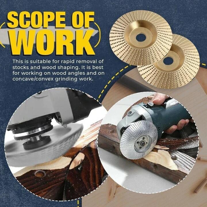 Arenzza premium wood carving disc attached to a grinder, showcasing its sharp blades for fast, precise wood cutting in a workshop setting.