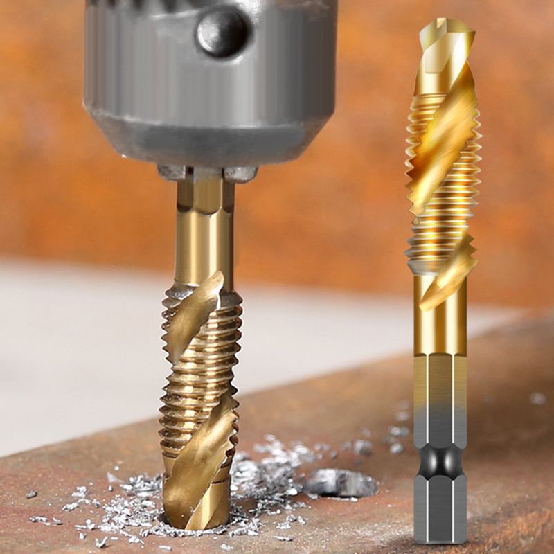 A set of six Arenzza multipurpose compound spiral taps for metalworking and threading, displayed on a tool storage tray.