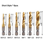 A set of six Arenzza multipurpose compound spiral taps for threading and metalworking tools in a tool kit.