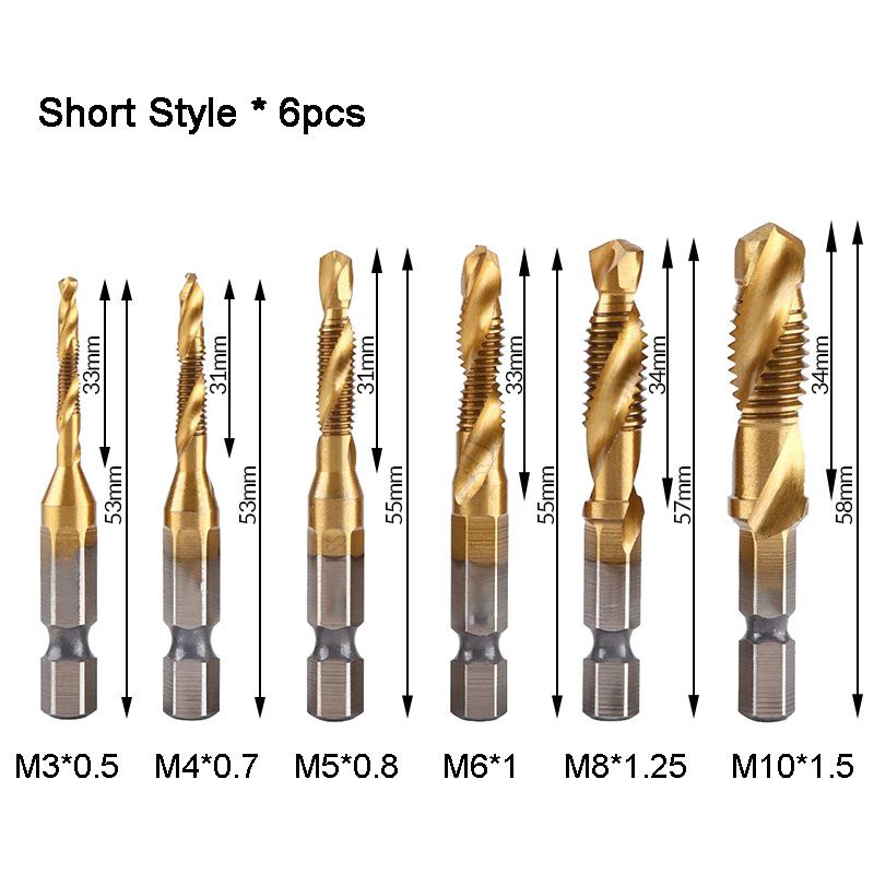A set of six Arenzza multipurpose compound spiral taps for threading and metalworking tools in a tool kit.