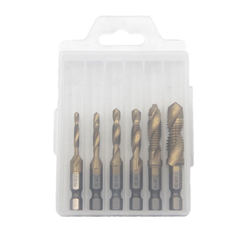 Arenzza 6-piece multipurpose compound spiral tap set for metalworking, featuring various tap sizes for threading and drilling tasks.