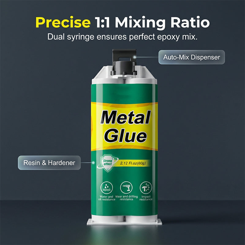 Arenzza high-strength AB metal repair glue tube for tools and garden repairs, with applicator tip visible in the image.