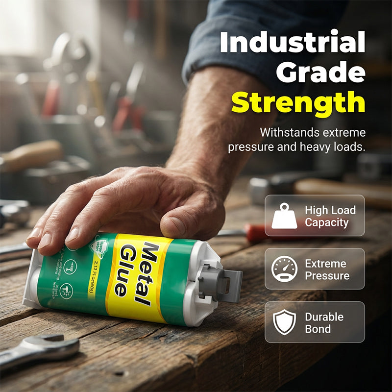 Arenzza high-strength AB metal repair glue tube with applicator tip, suitable for tools and garden repairs, on a white background.