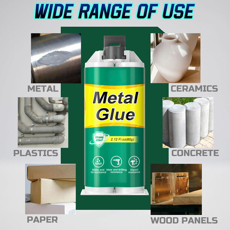 Arenzza high-strength AB metal repair glue in a tube, suitable for tools and garden repairs, with a blue and white label.