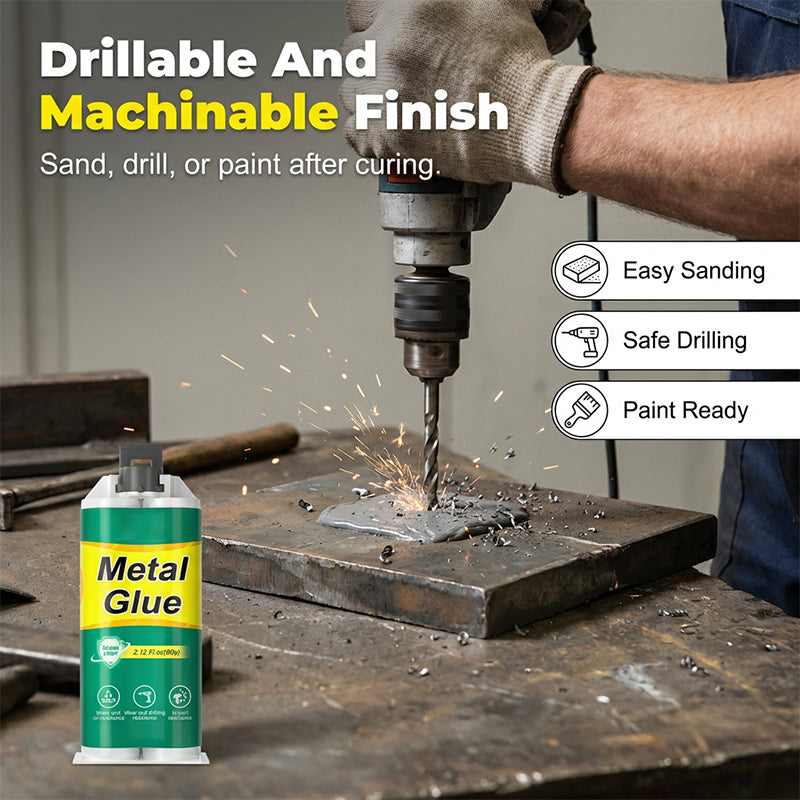 Arenzza high-strength AB metal repair glue tube for tools and garden repairs, with applicator tip visible on a clean surface.