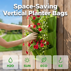 Arenzza space-saving vertical planter bags for gardening, shown hanging on a wall with lush green plants.