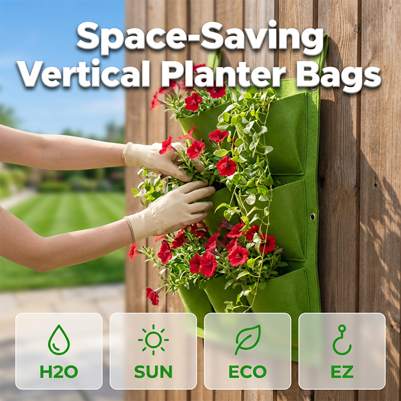 Arenzza space-saving vertical planter bags for gardening, shown hanging on a wall with lush green plants.