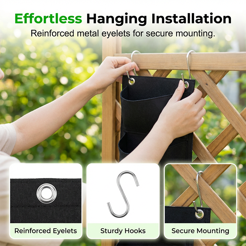 Arenzza space-saving vertical planter bags for gardening, shown hanging with plants, perfect for tools and garden spaces.