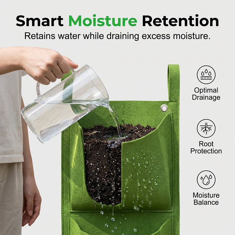 Arenzza vertical planter bags for space-saving gardening, shown hanging with green plants in a tools and garden setting.