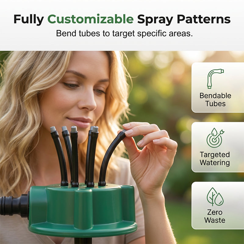 Arenzza 360° garden irrigation sprinkler with adjustable nozzle for water-efficient lawn, flower beds, and crop watering.
