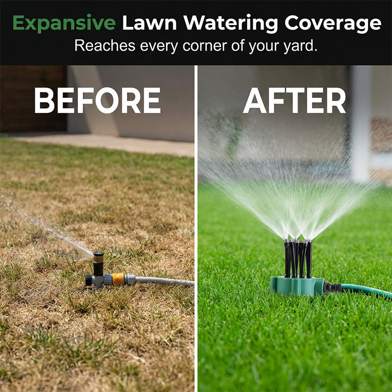 Arenzza 360° garden irrigation sprinkler with adjustable nozzle, water-saving design, watering a lush lawn and flower beds.