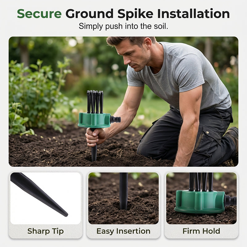Arenzza 360° garden irrigation sprinkler with adjustable nozzle, watering lawn, flower beds, and crops effectively.