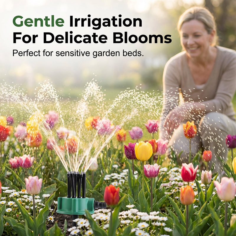 Arenzza 360° garden irrigation sprinkler with adjustable nozzle watering lawn, flower beds, and crops efficiently.