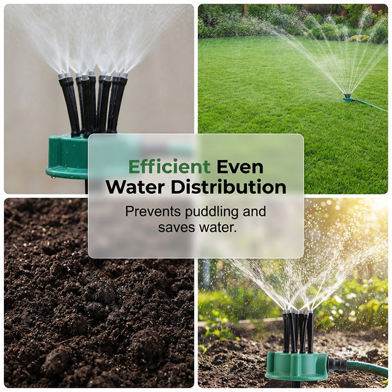 Arenzza 360° adjustable garden irrigation sprinkler with nozzle, water-saving design, used for lawns, flower beds, and crops.