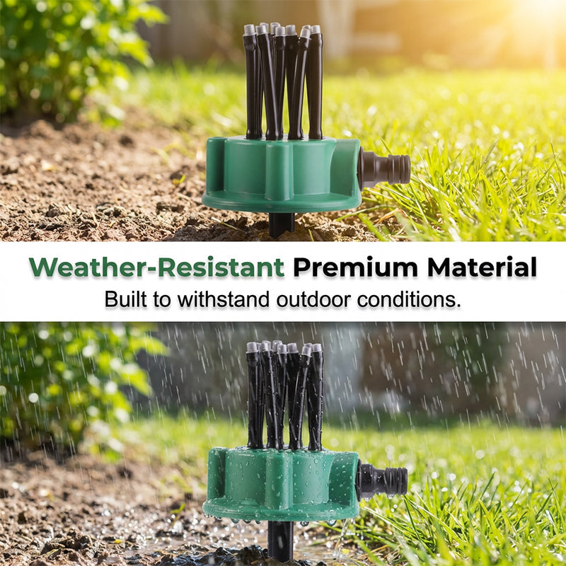 Arenzza 360° garden sprinkler with adjustable nozzle watering lawn, flower beds, and crops, promoting water savings in tools and garden.