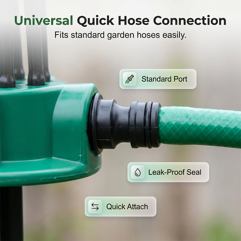 Arenzza 360° garden irrigation sprinkler with adjustable nozzle, watering lawn, flower beds, and crops efficiently.