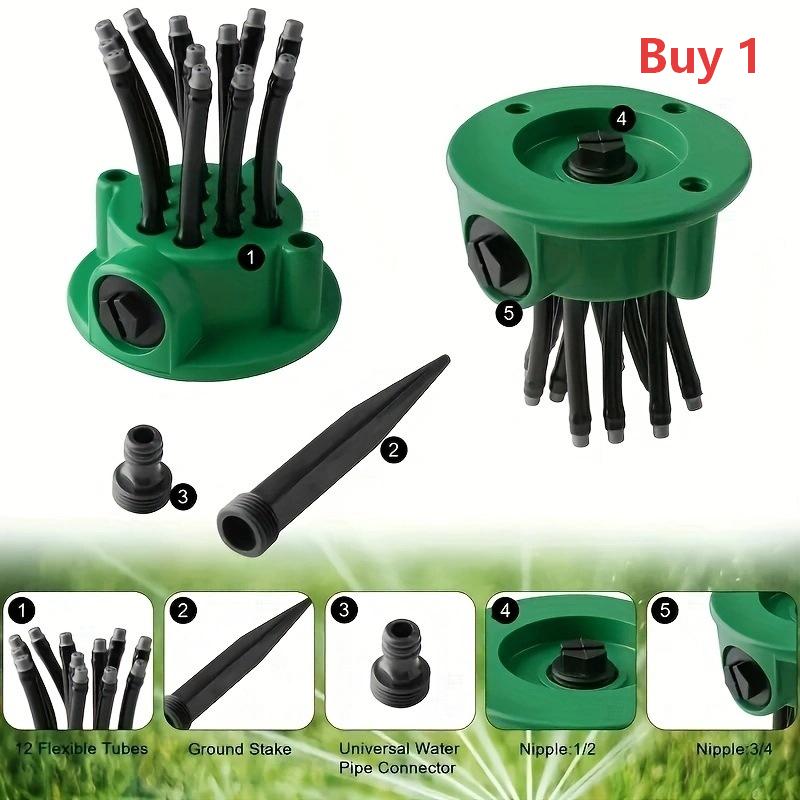 Arenzza 360° garden irrigation sprinkler with adjustable nozzle, water-saving design, ideal for lawns, flower beds, and crops.