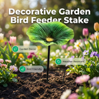 Arenzza vibrant garden flower stake bird feeder with colorful flowers and a bird perched, perfect for nature and outdoor gardening.