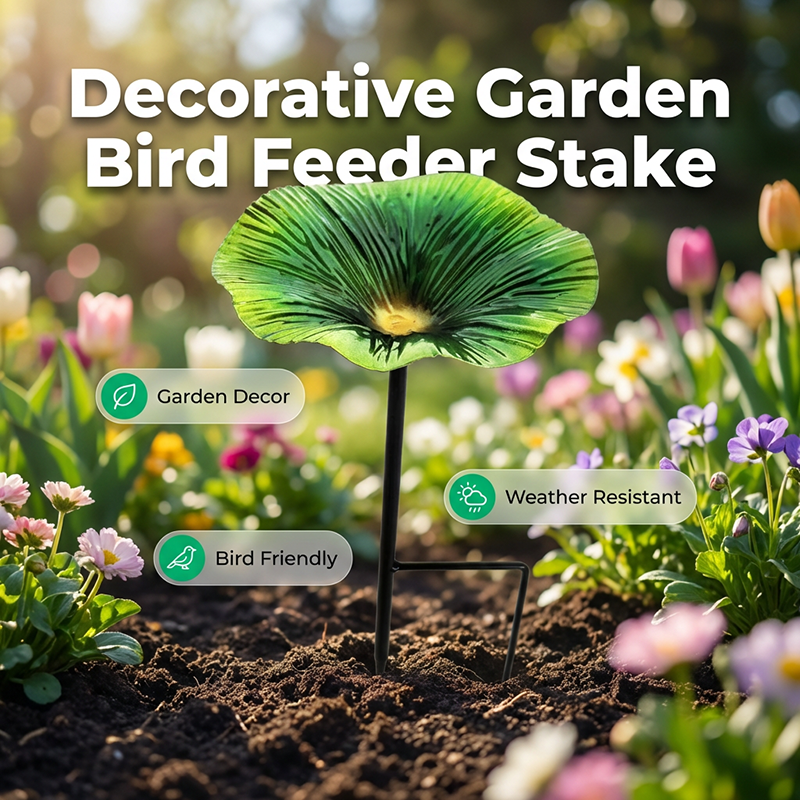 Arenzza vibrant garden flower stake bird feeder with colorful flowers and a bird perched, perfect for nature and outdoor gardening.