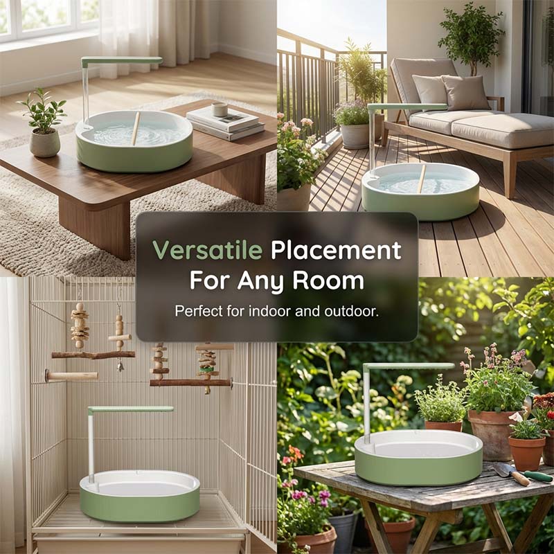 Arenzza electric bird bath with shower and perch, featuring a sleek garden tool design for attracting and watering birds.