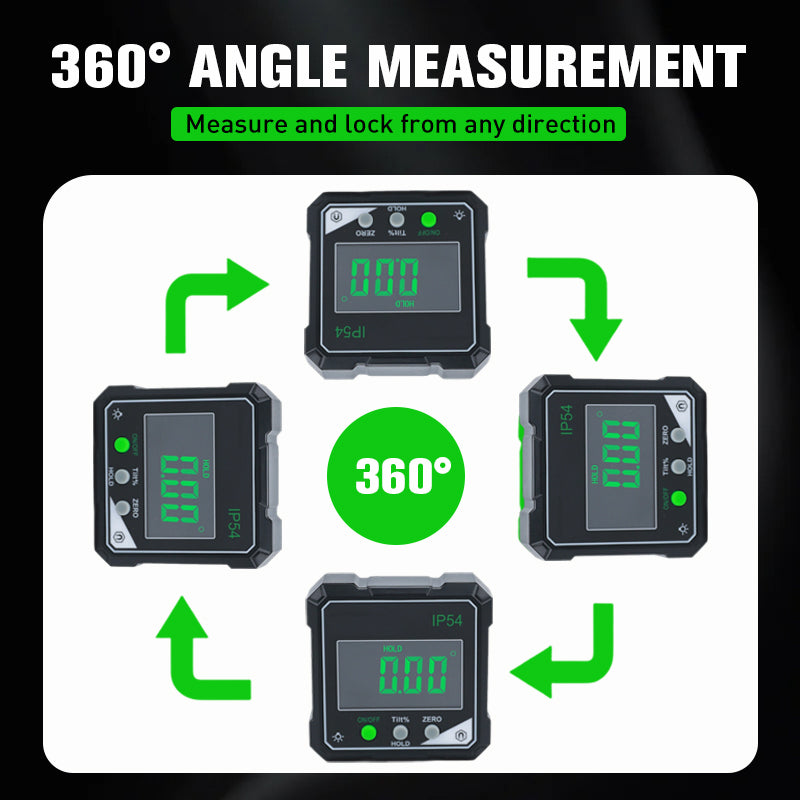 Arenzza IP54 waterproof magnetic digital angle gauge with LCD display, used for precise angle measurements in tools and garden projects.