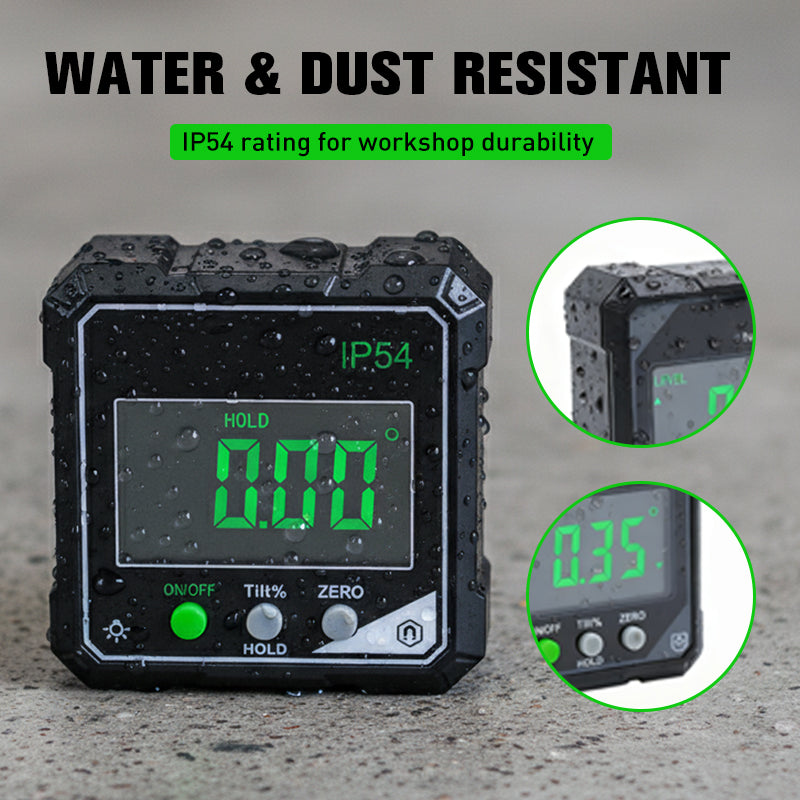Arenzza IP54 waterproof magnetic digital angle gauge with digital display and magnetic base, ideal for tools and garden applications.