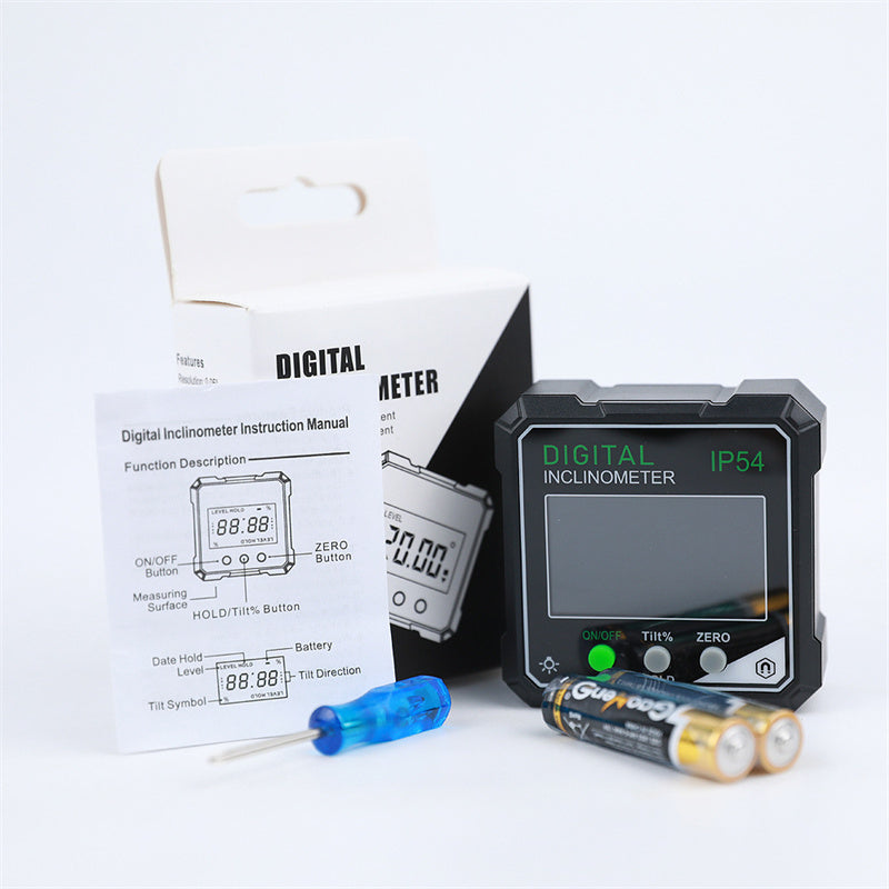 Arenzza IP54 waterproof magnetic digital angle gauge with LCD display, designed for precise angle measurements in tools and garden applications.