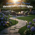 A set of Arenzza vintage solar-powered hexagonal garden lights illuminating a garden pathway at dusk.
